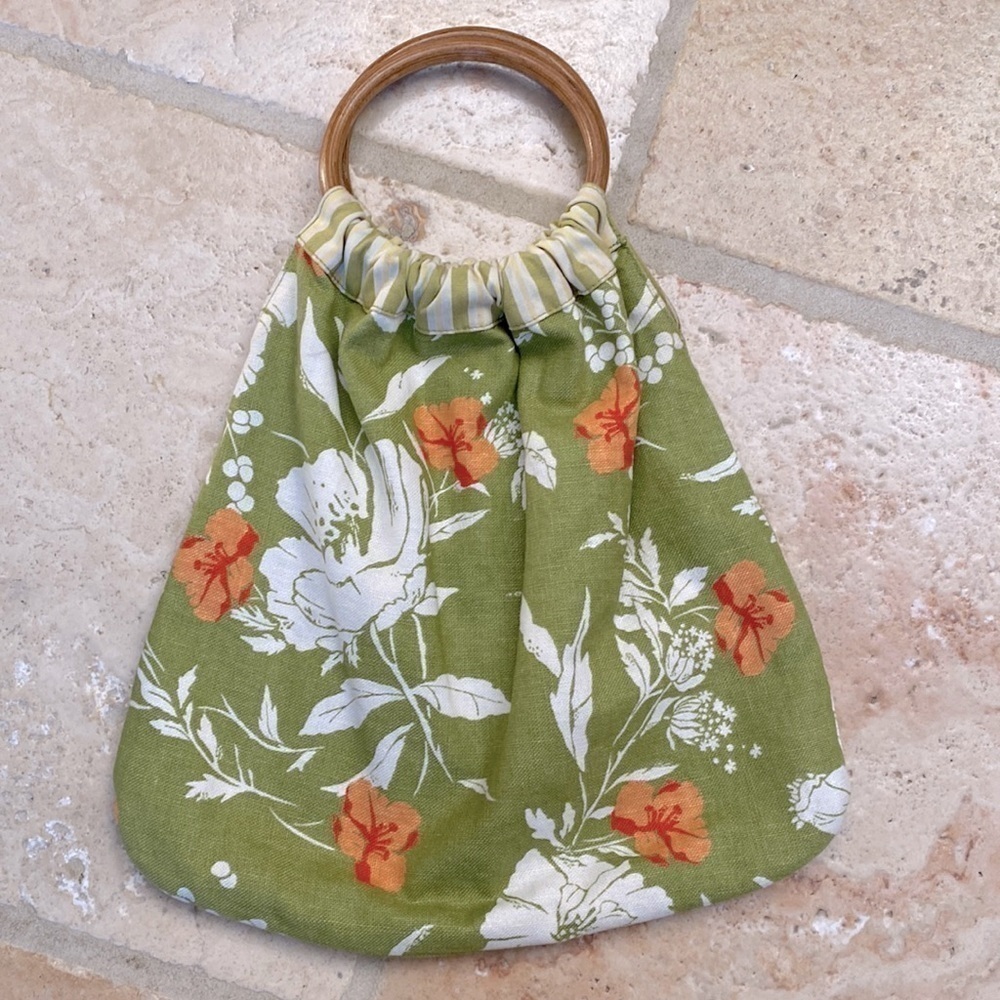 Linen Wood Handle Handbag Purse Womens tote stripes floral round handle knitting